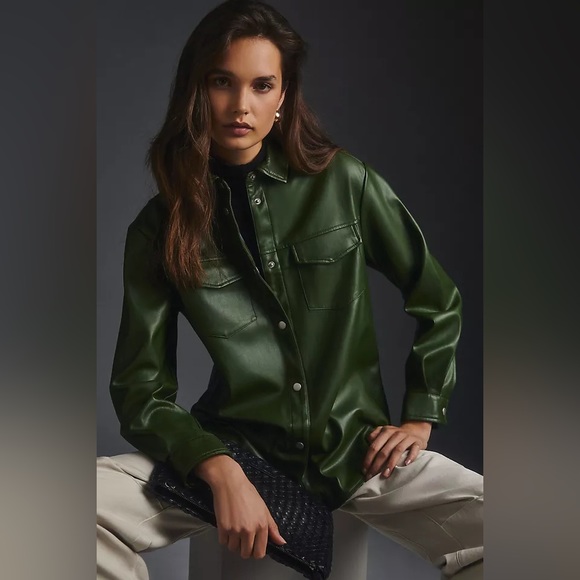 Anthropologie Aves Les Filles faux leather oversized shirt jacket in dark green - Picture 2 of 12